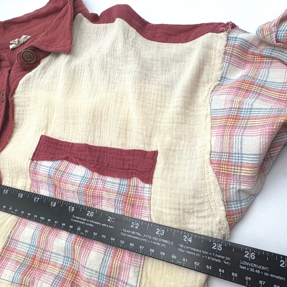 EASEL Women's 2X‎ Burgundy Cream Mixed Plaid Gauze Button Down Long Sleeve Shirt - Picture 5 of 7